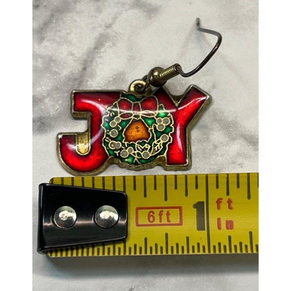 Vintage Joy Christmas Wreath Earrings Red Enamel Holiday Jewelry - Picture 4 of 5